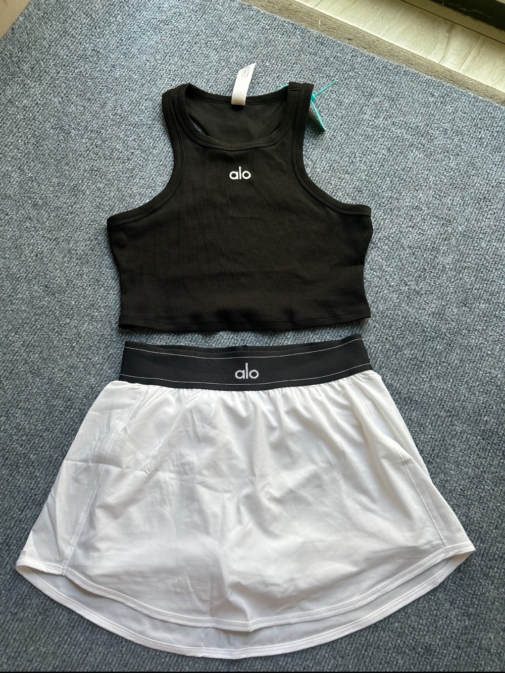 ALO Yoga Black Crop Tank with White Skort Set